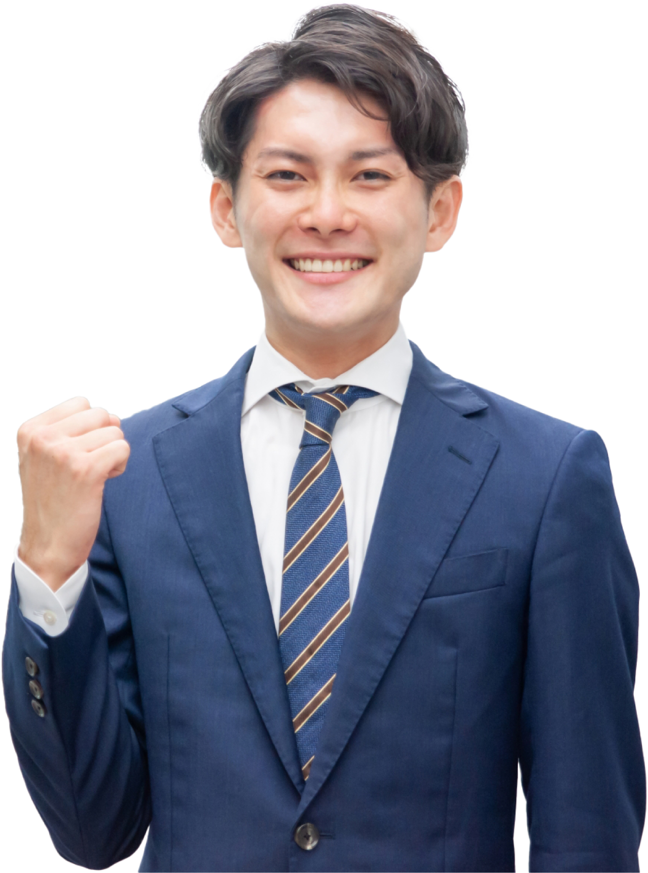 ガッツポーズをするスーツの男性